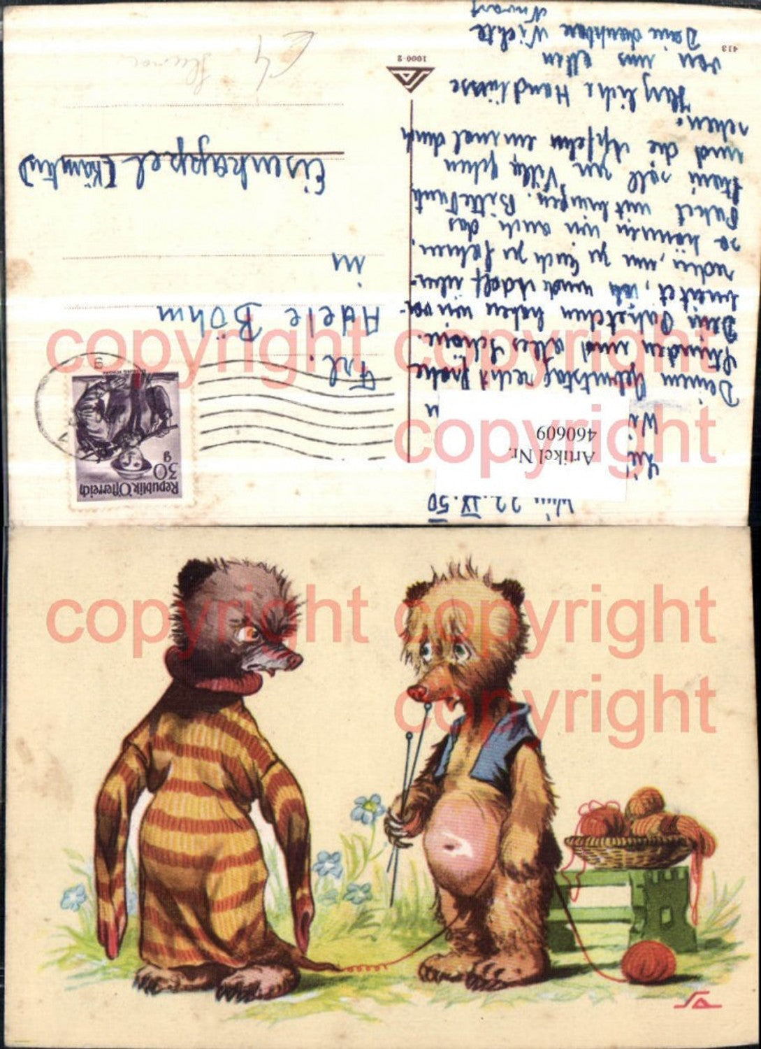 460609,Künstler AK Tiere Maulwurf vermenschlicht Stricken Humor