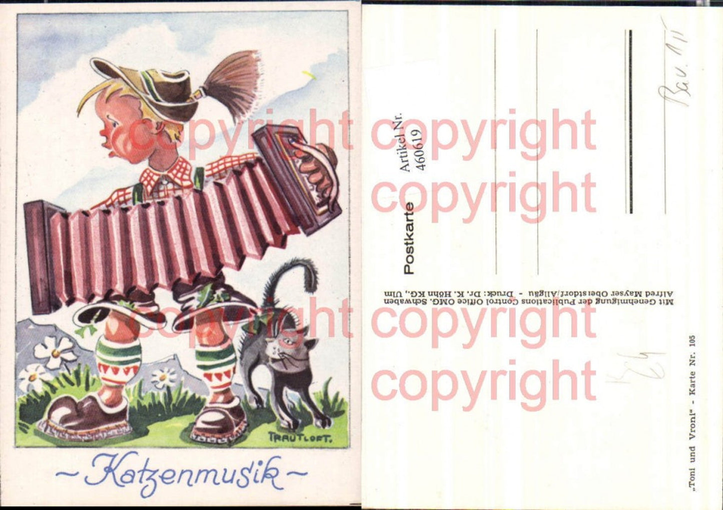 460619,Künstler AK Trautloft 105 Katzenmusik Ziehharmonika Humor