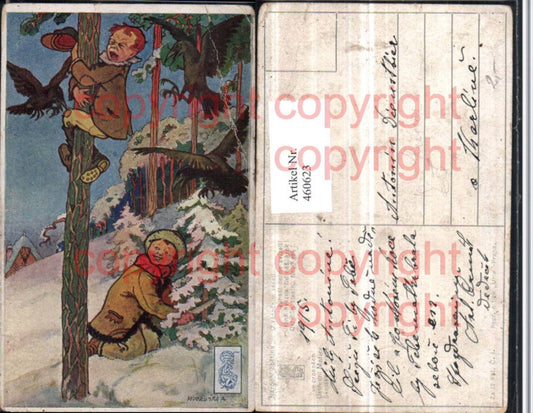 460623,Künstler AK Kind Baumstamm Krähen Humor