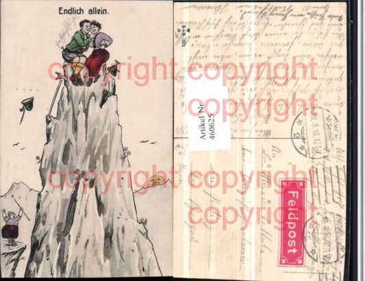 460625,Künstler AK Endlich allein Liebe Paar Berggipfel Humor