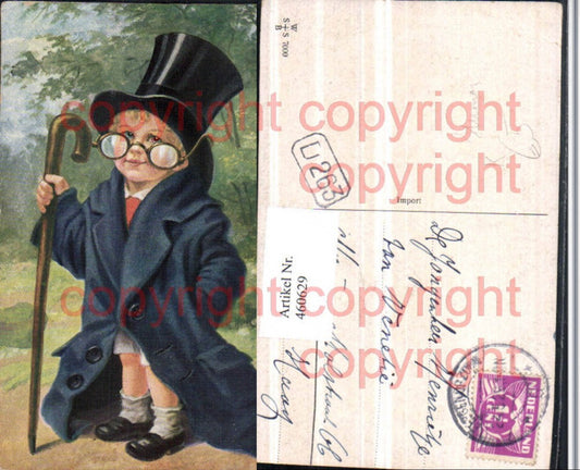 460629,Künstler AK Kind großer Mantel Brille Zylinder Stock Humor