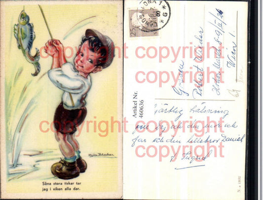 460636,Künstler AK Rijka Bleeker Kind Bub Angel Fisch Humor