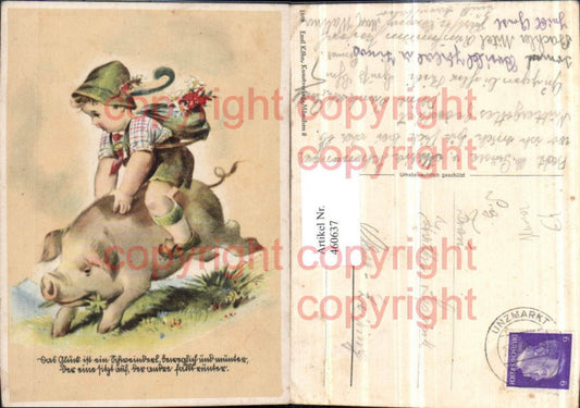 460637,Künstler AK Kind Tracht Schwein reiten Humor Spruch