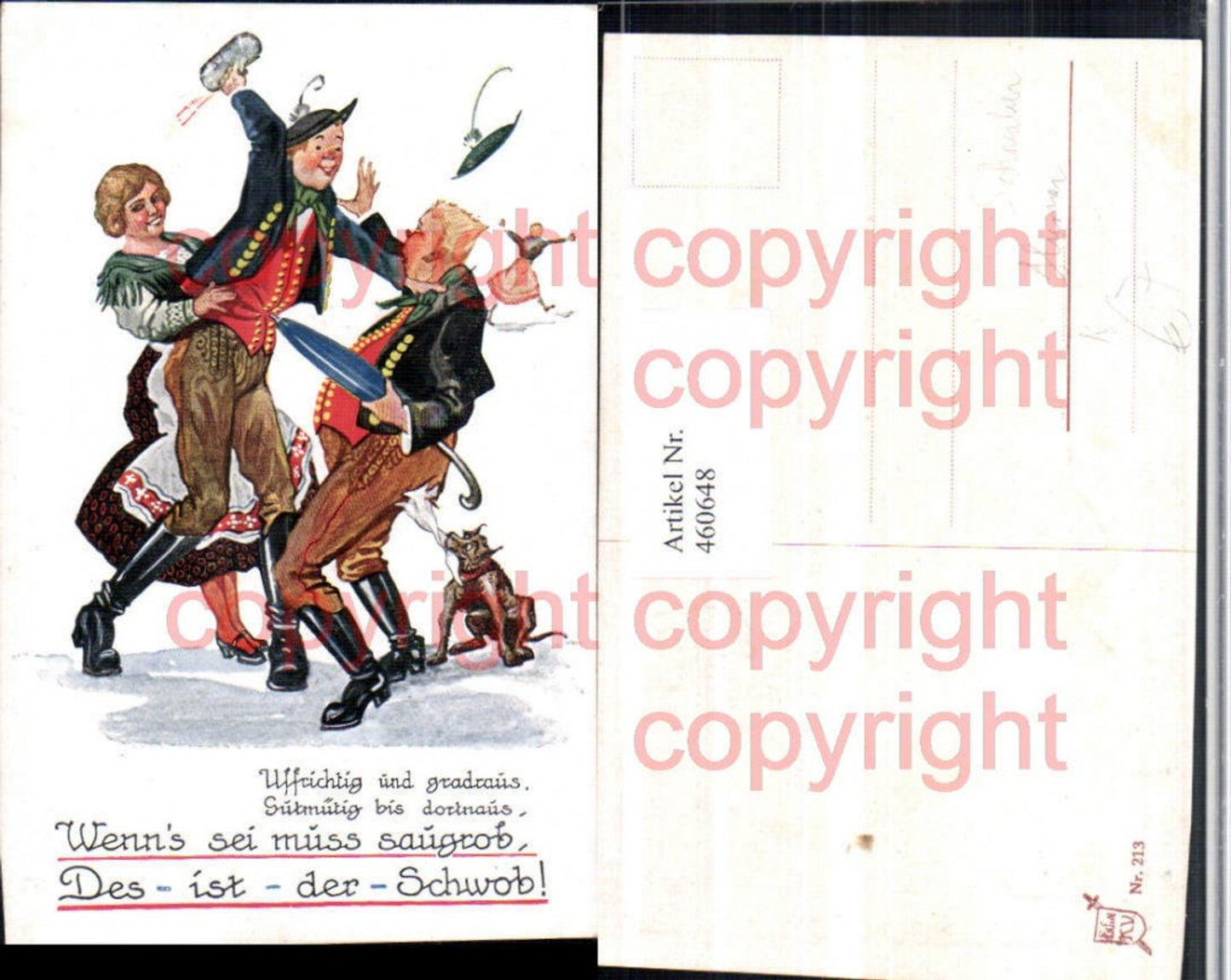 460648,Künstler AK Männer Schwaben Kampf Schirm Hund Humor