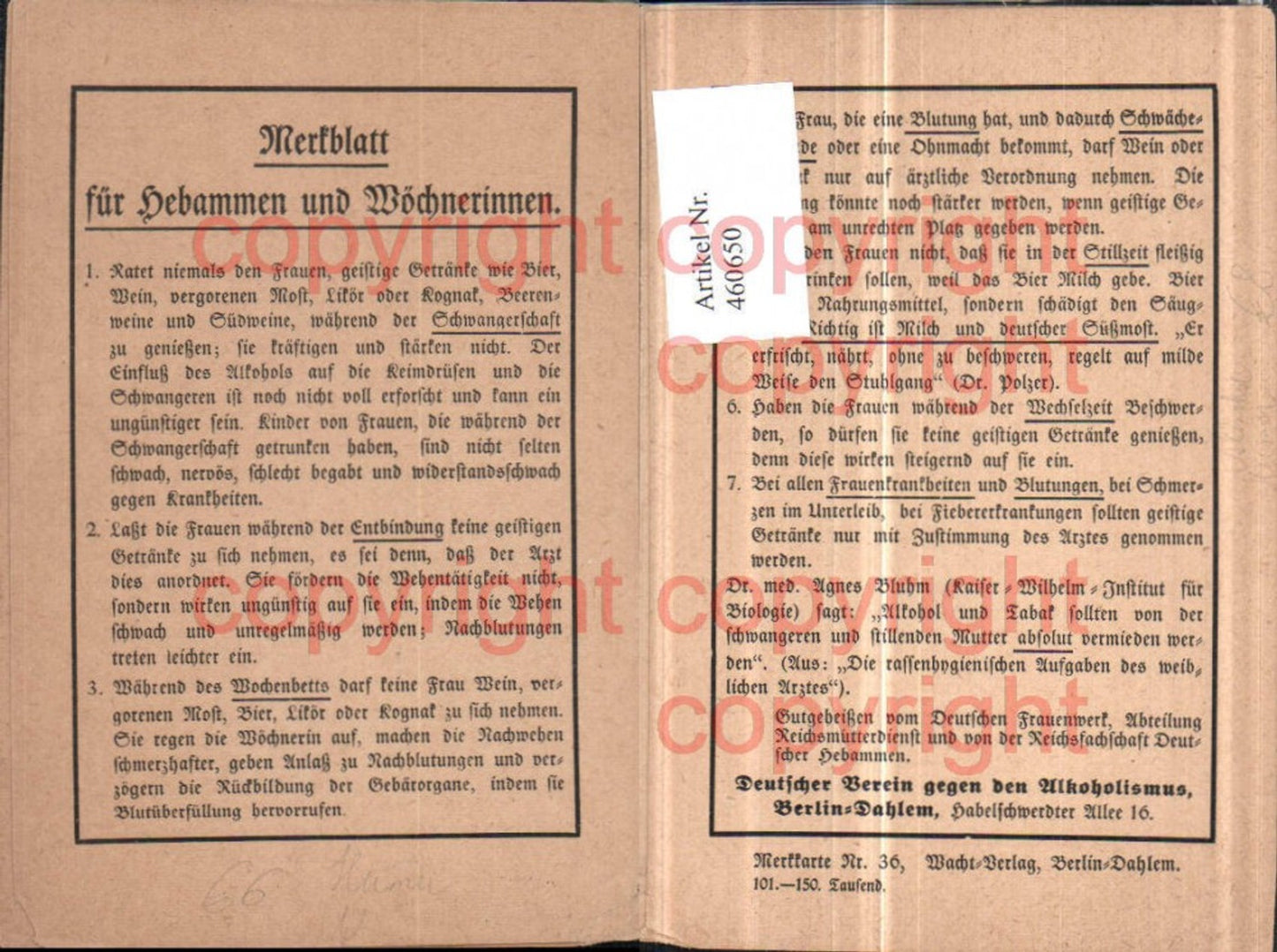 460650,Merkblatt für Hebammen u. Wöchnerinnen Text Alkohol Humor