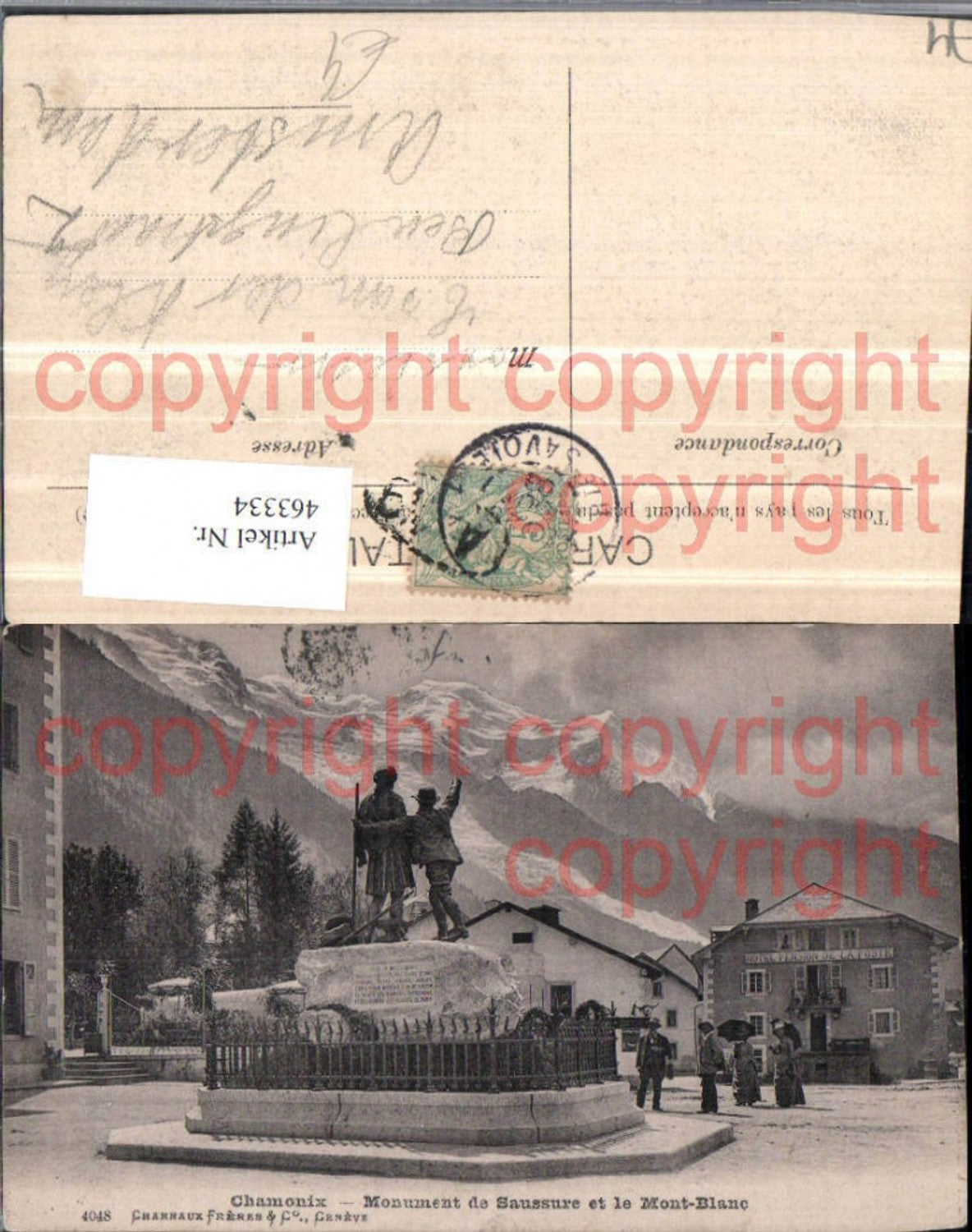 463334,Rhone-Alpes Haute-Savoie Chamonix Monument Saussure et Mont-Blanc Bergkulisse