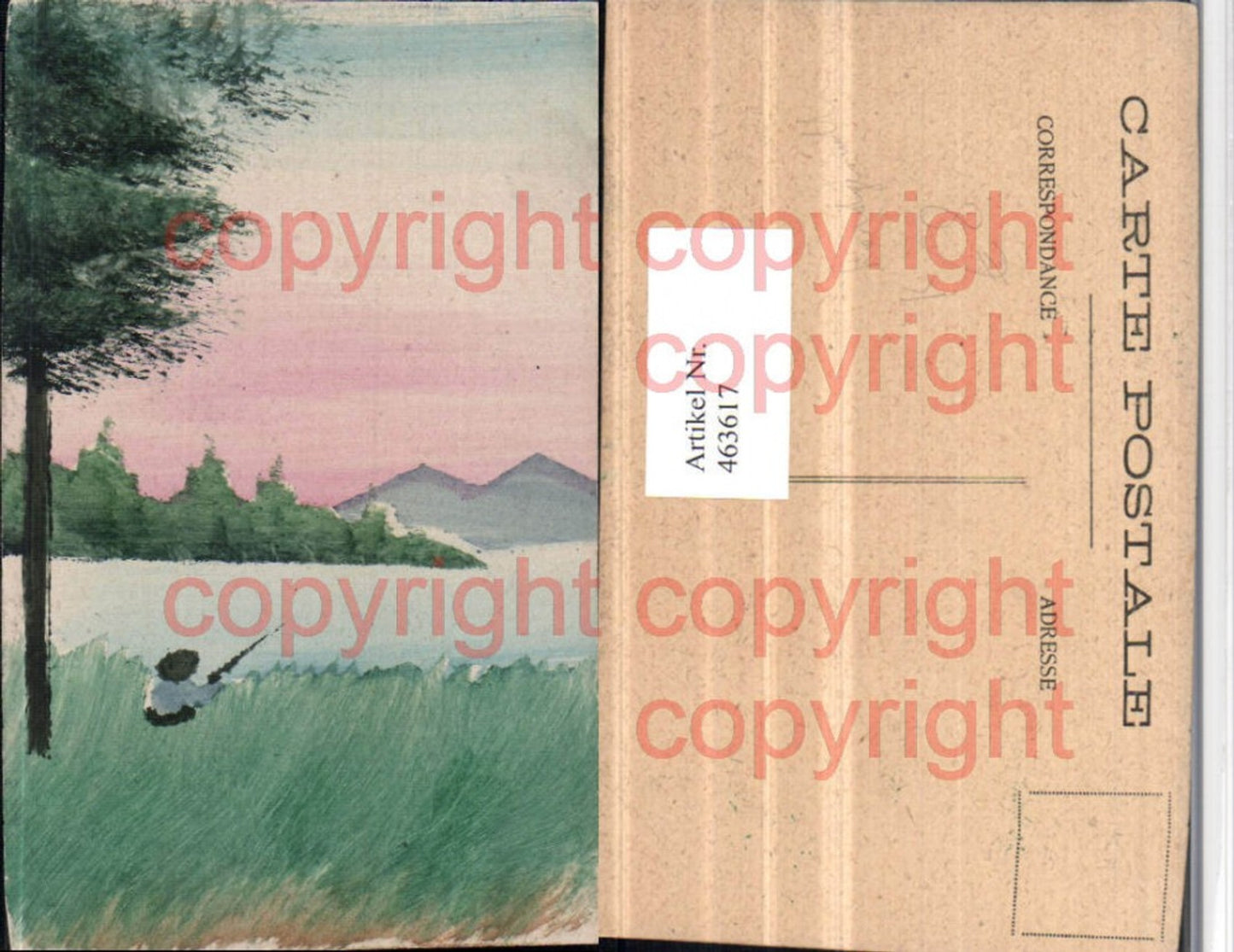463617,Künstler AK Handgemalt Landschaft See Fischer Bergkulisse