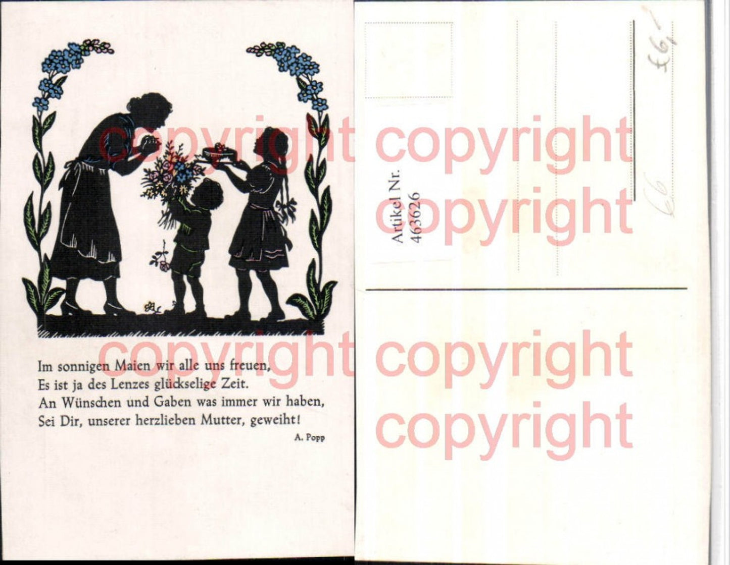 463626,Künstler AK Scherenschnitt Silhouette Kinder Blumen Mutter Gedicht