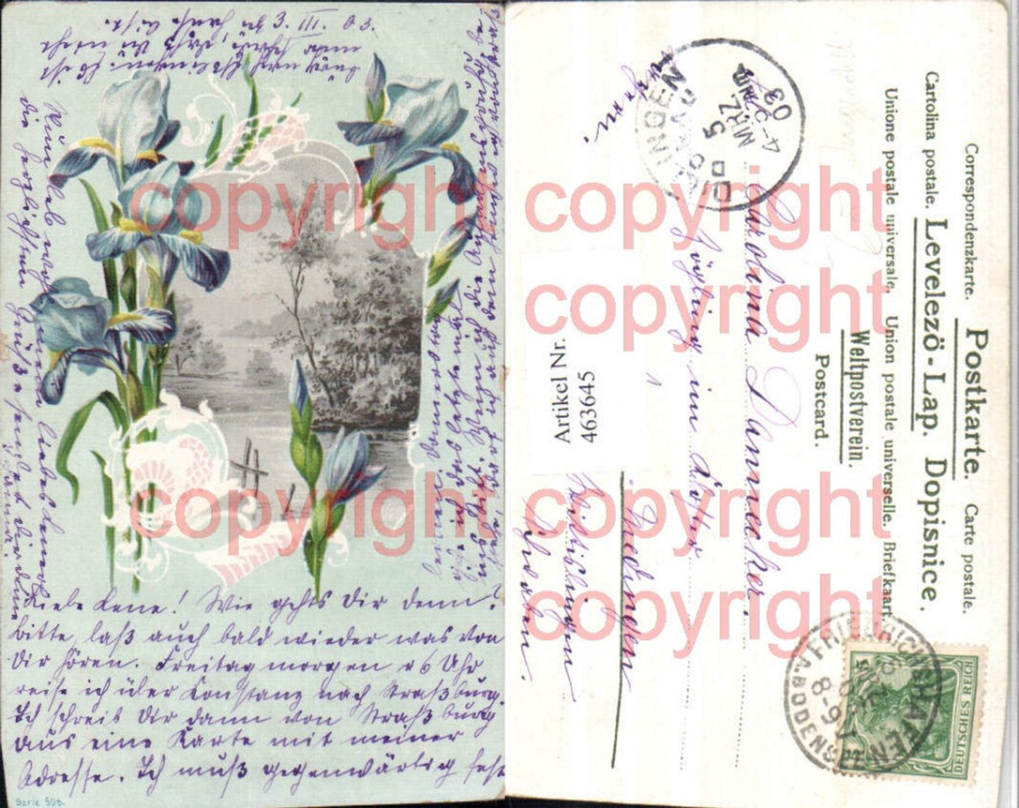 463645,Jugendstil Künstler Litho Landschaft Passepartout Lilien Blumen
