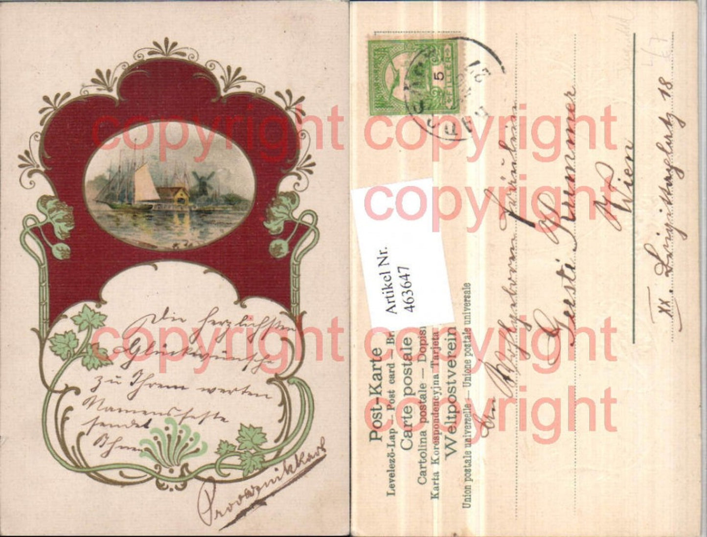 463647,Jugendstil Präge Künstler Litho Segelschiff Passepartout Ornamente