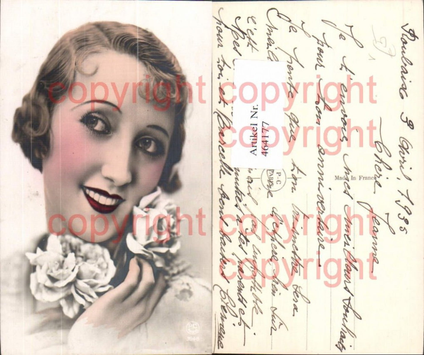 464177,Frau French Deco Lippenstift Rosen Blumen Portrait pub P.C. Paris 3946