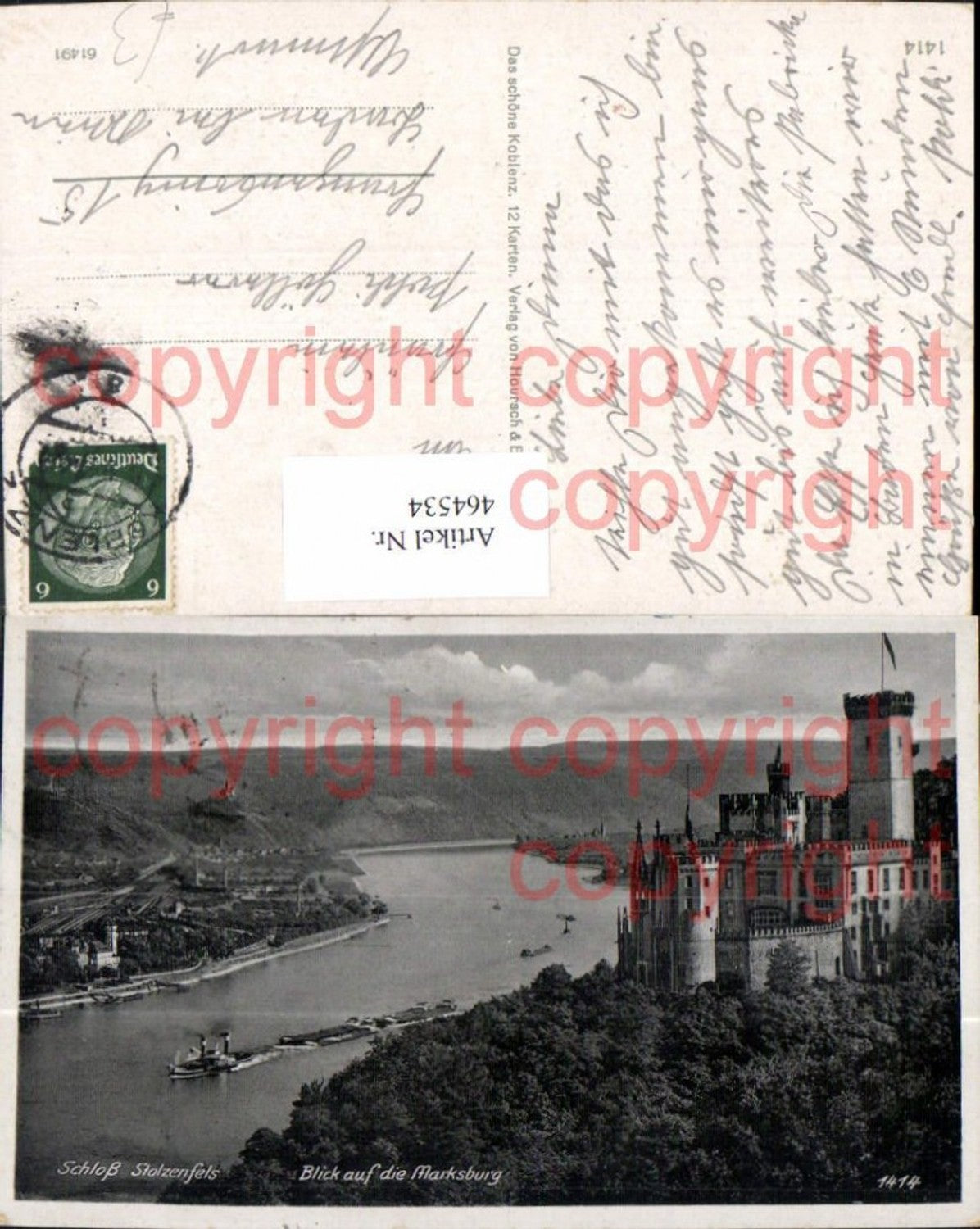464534,Schloss Stolzenfels Blick auf d. Marksburg Schiff Dampfer