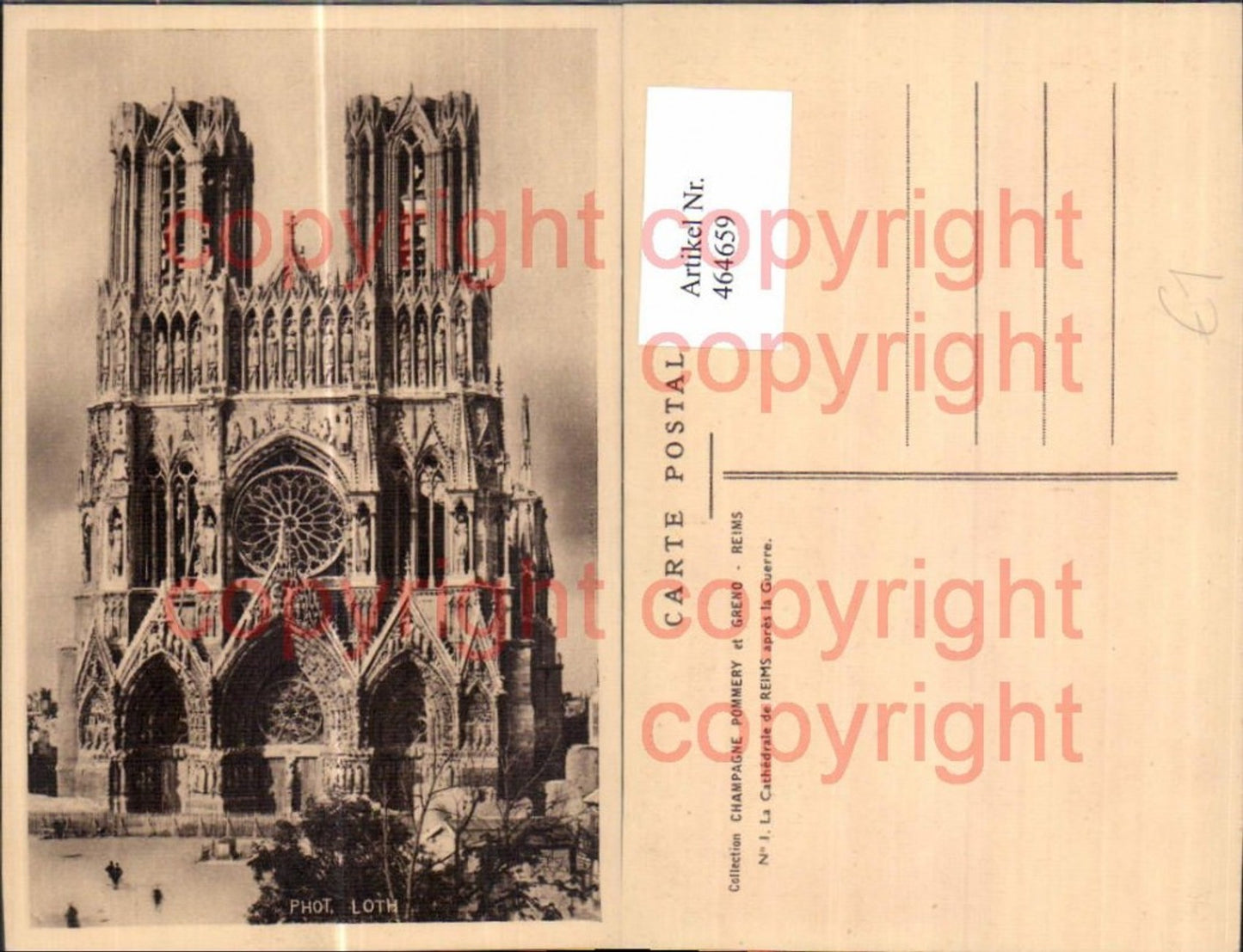 464659,Kirche La Cathedrale de Reims apres la Guerre
