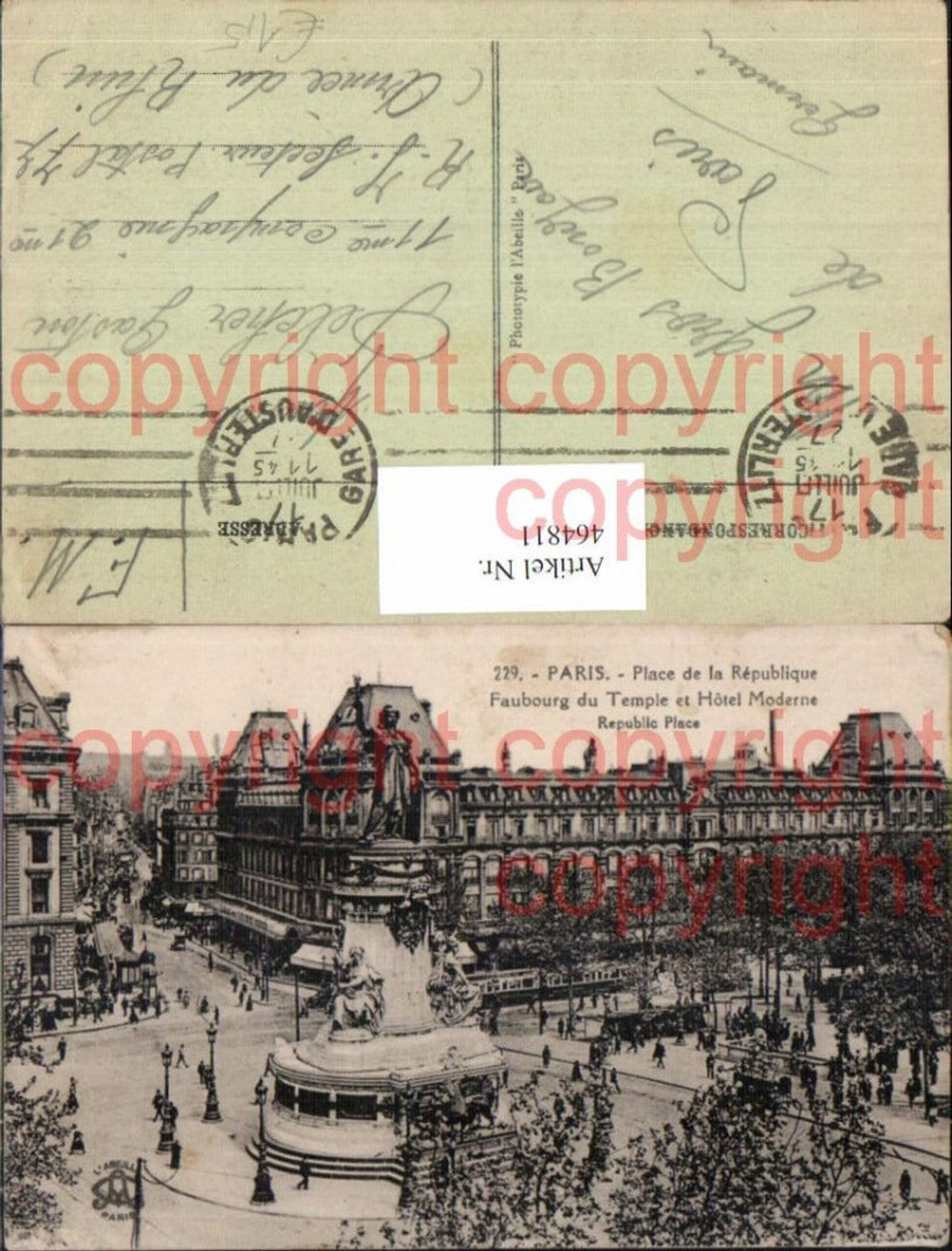464811,Statue Monument Paris Place de la Republique Faubourg du Temple et Hotel Moderne