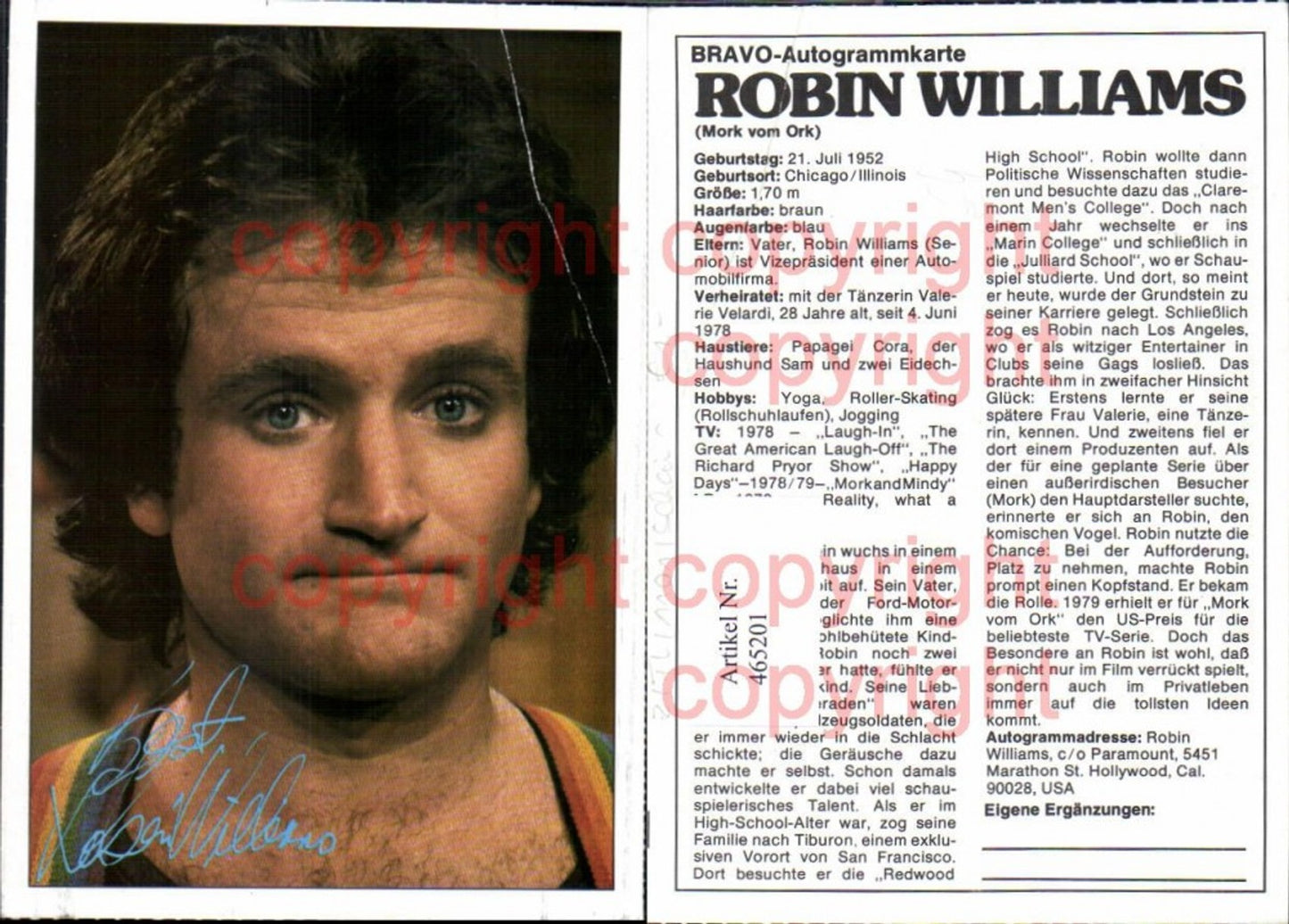 465201,Schauspieler Robin Williams Bravo Autogrammkarte