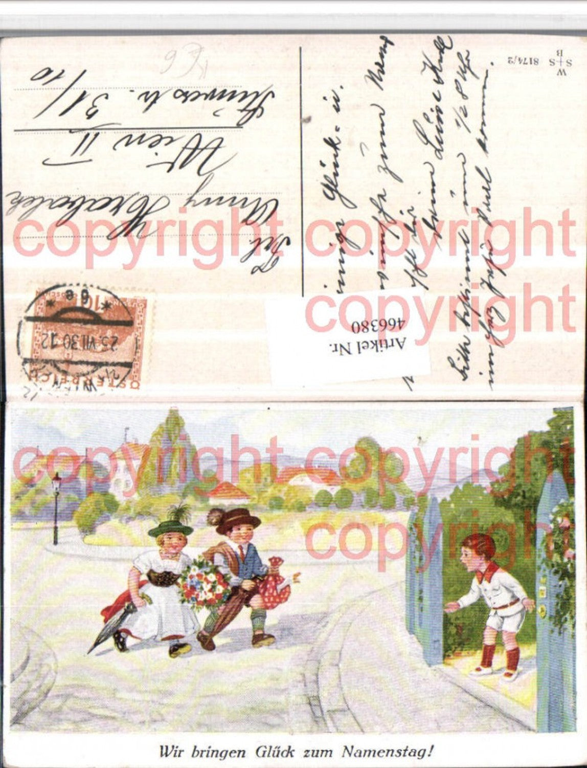 466380,Künstler AK Namenstag Kinder Tracht Blumenstrauß Schirme