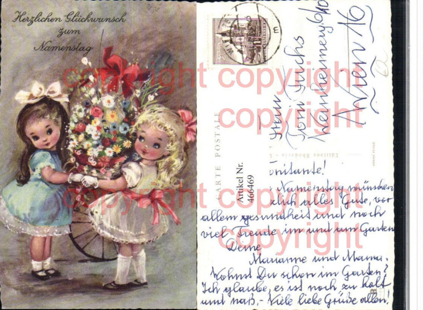 466469,Künstler AK Namenstag Kinder Mädchen Korb Blumen