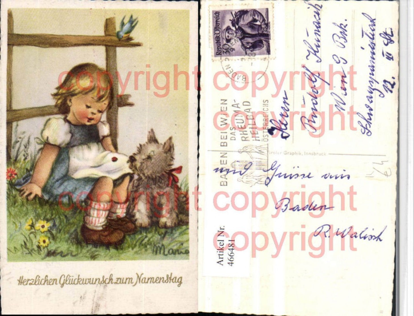 466481,Künstler AK Maria Namenstag Kind Hund Vogel
