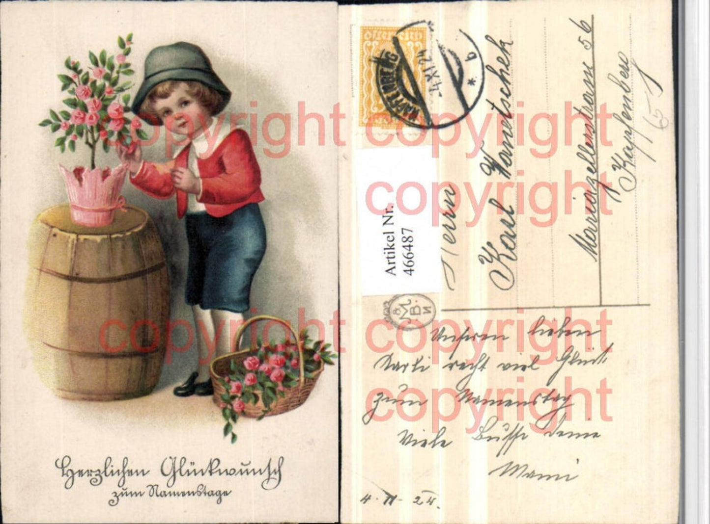 466487,Künstler AK Namenstag Kind Bub Haube Rosenstock Fass