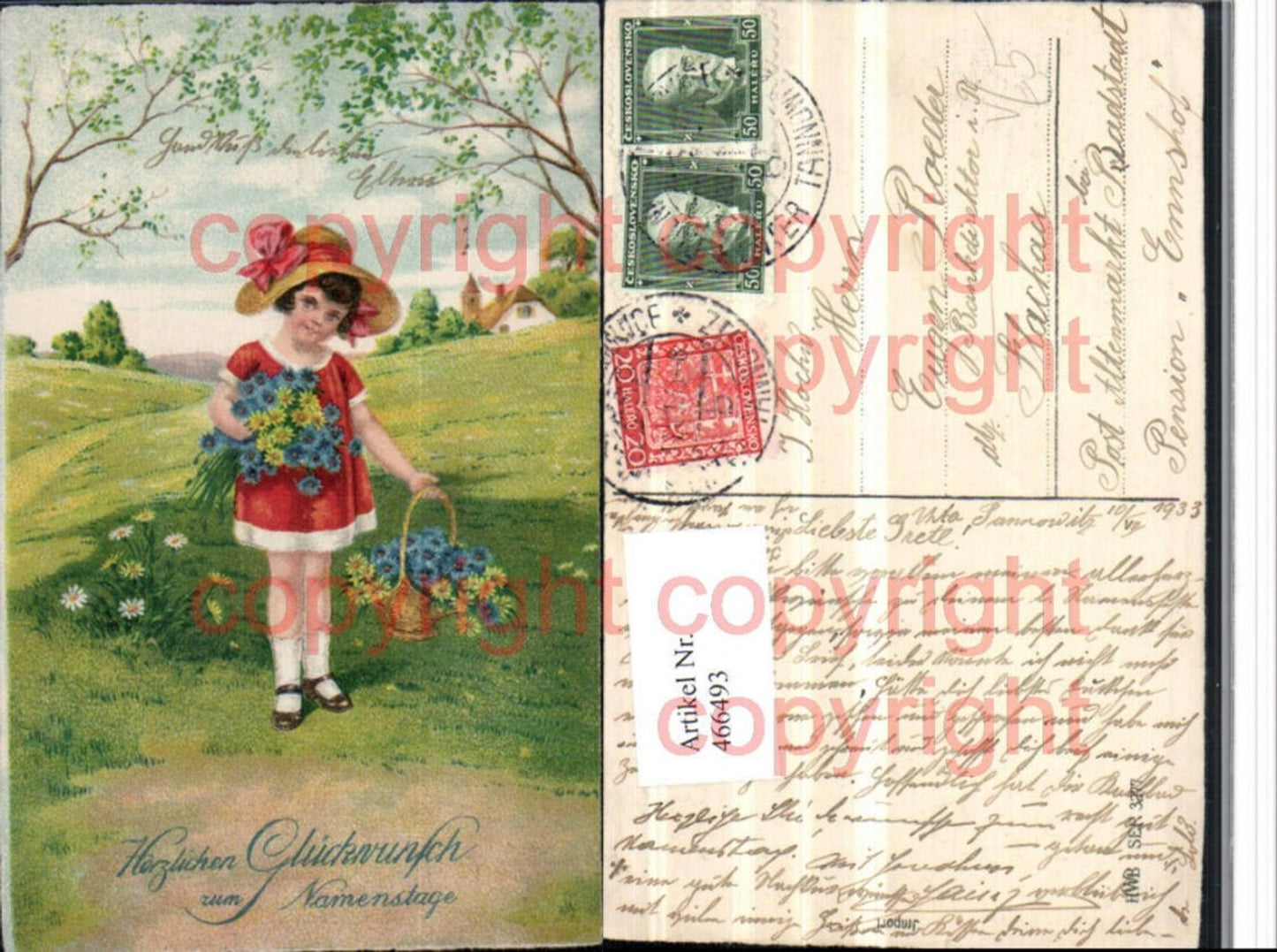 466493,Künstler AK Namenstag Kind Mädchen Hut Blumen pub HWB 3277