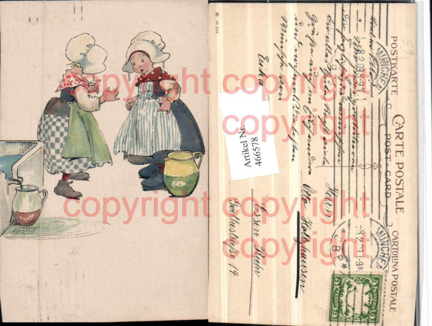 466578,Künstler AK Kinder Mädchen Haube Krüge