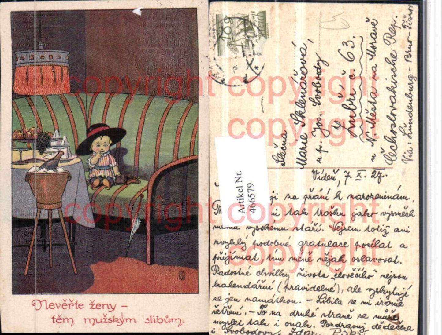 466579,Künstler AK Kind m. Hut Sofa Tisch Sektkühler