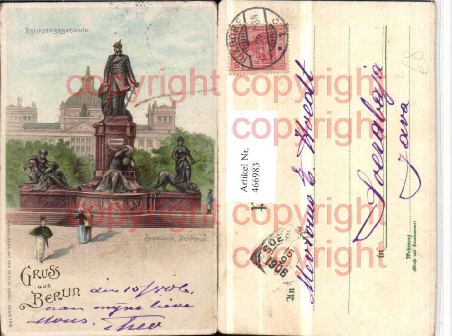 466983,Litho Berlin Bismarck-Denkmal m. Reichstagsgebäude