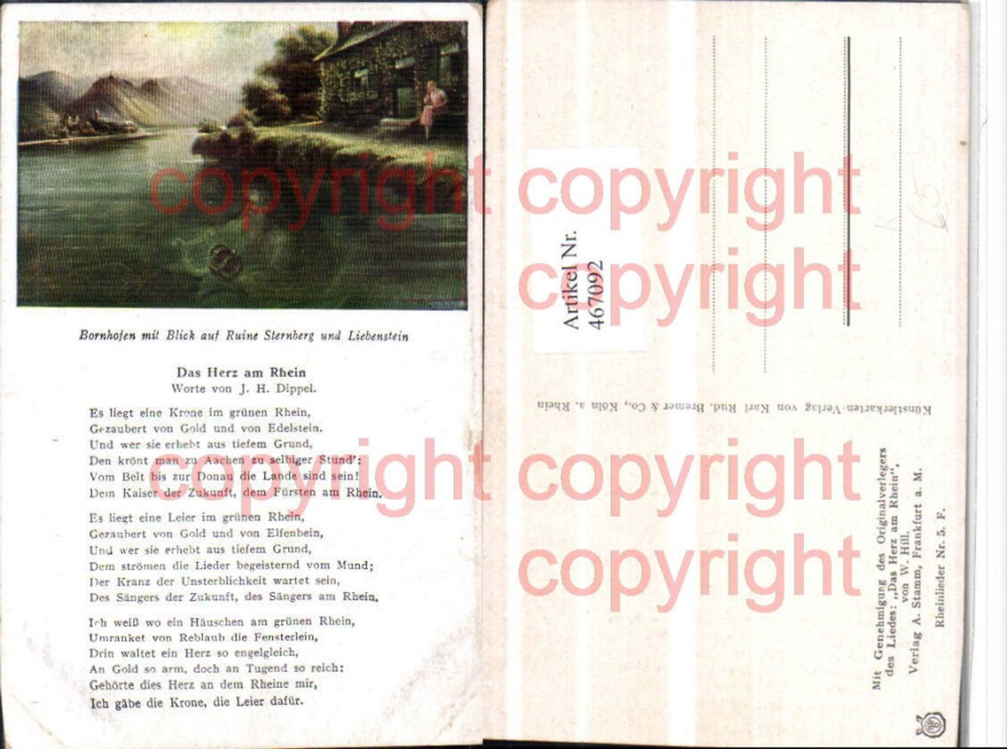 467092,Künstler AK W. Hill Bornhofen m. Ruine Sternberg u. Liebenstein Text