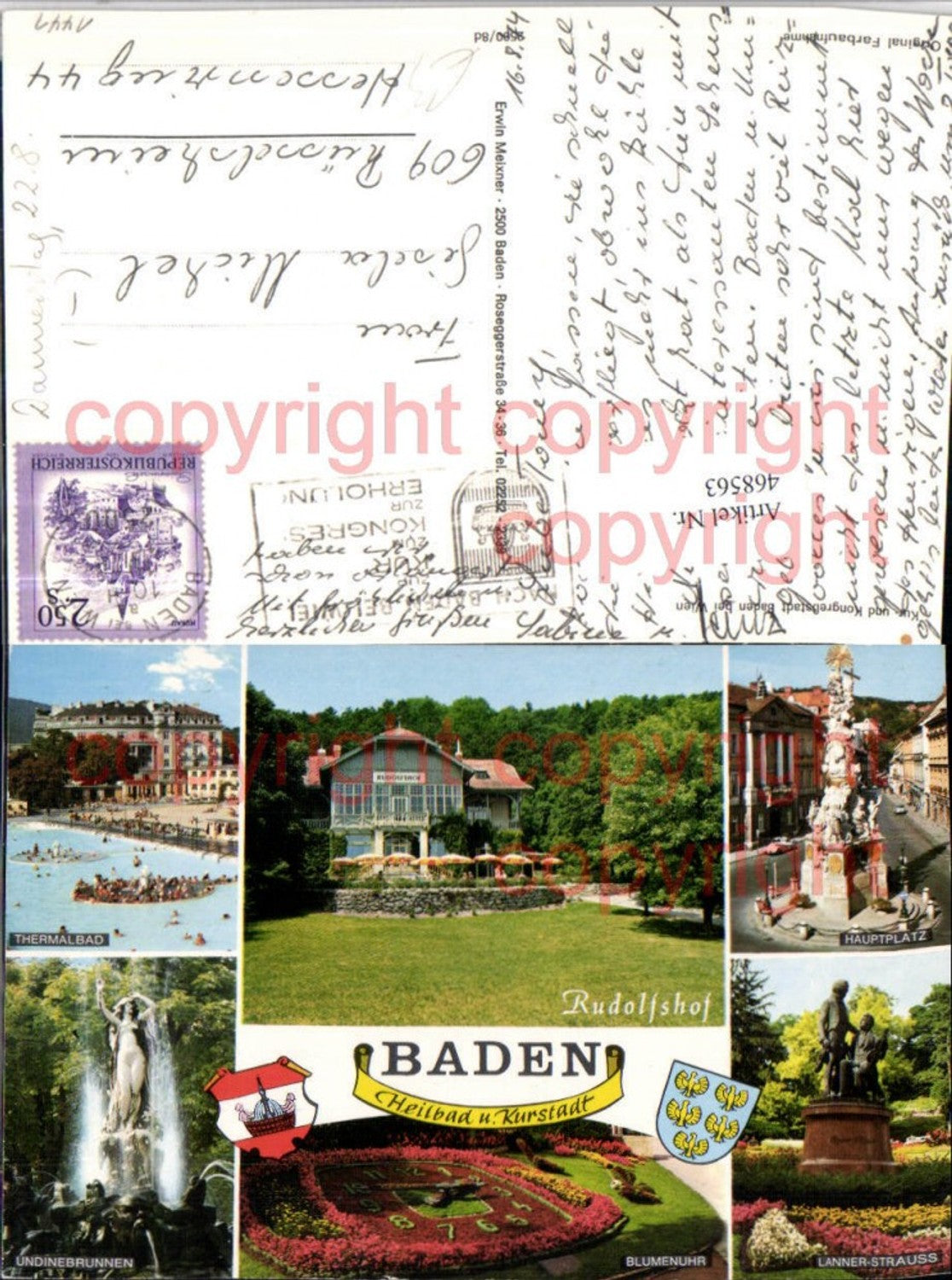 468563,Baden b. Wien Thermalbad Blumenuhr Pestsäule Mehrbildkarte