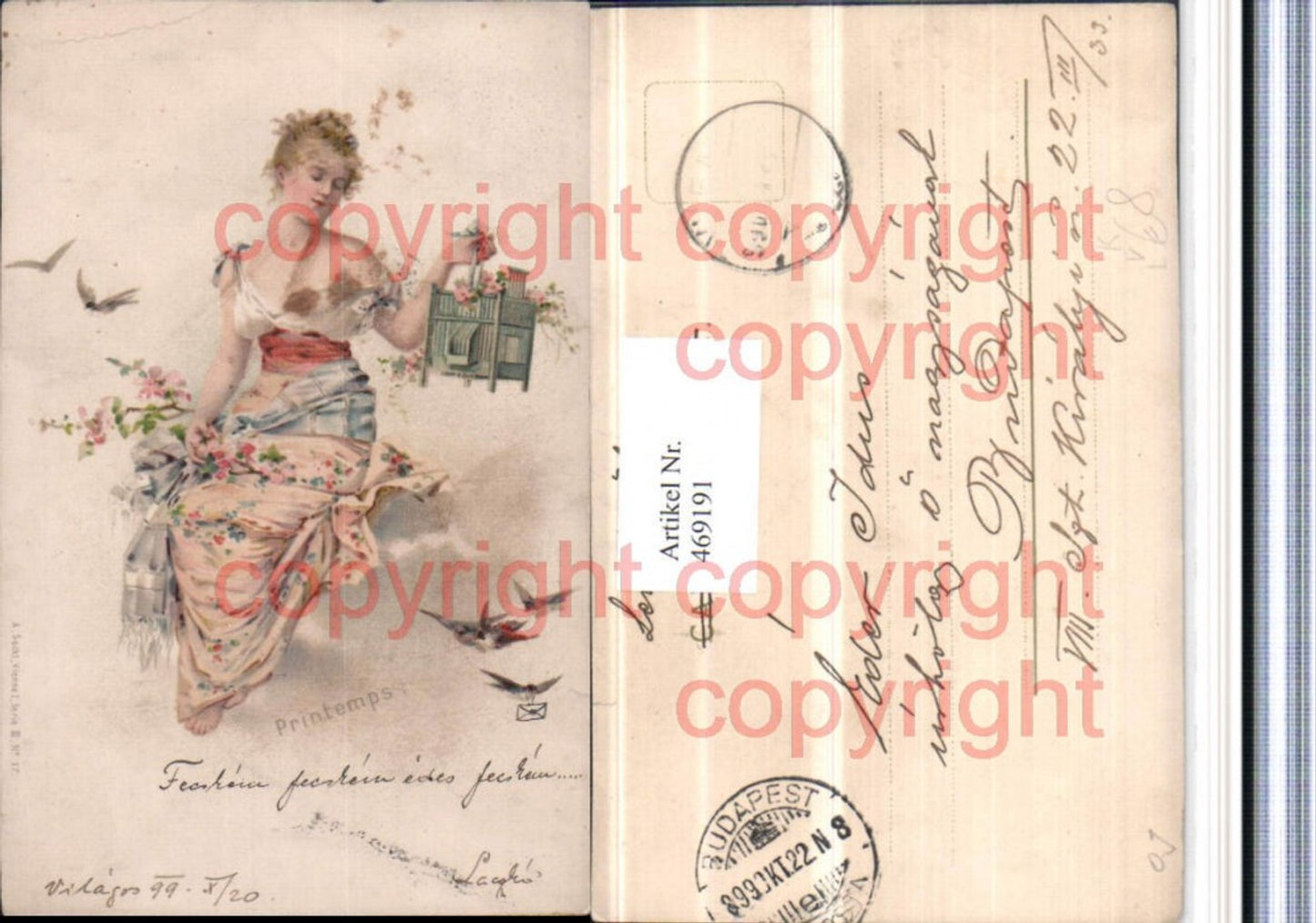 469191,Künstler Litho Frau Kleid Käfig Vögel pub A. Sockl Vienne 17