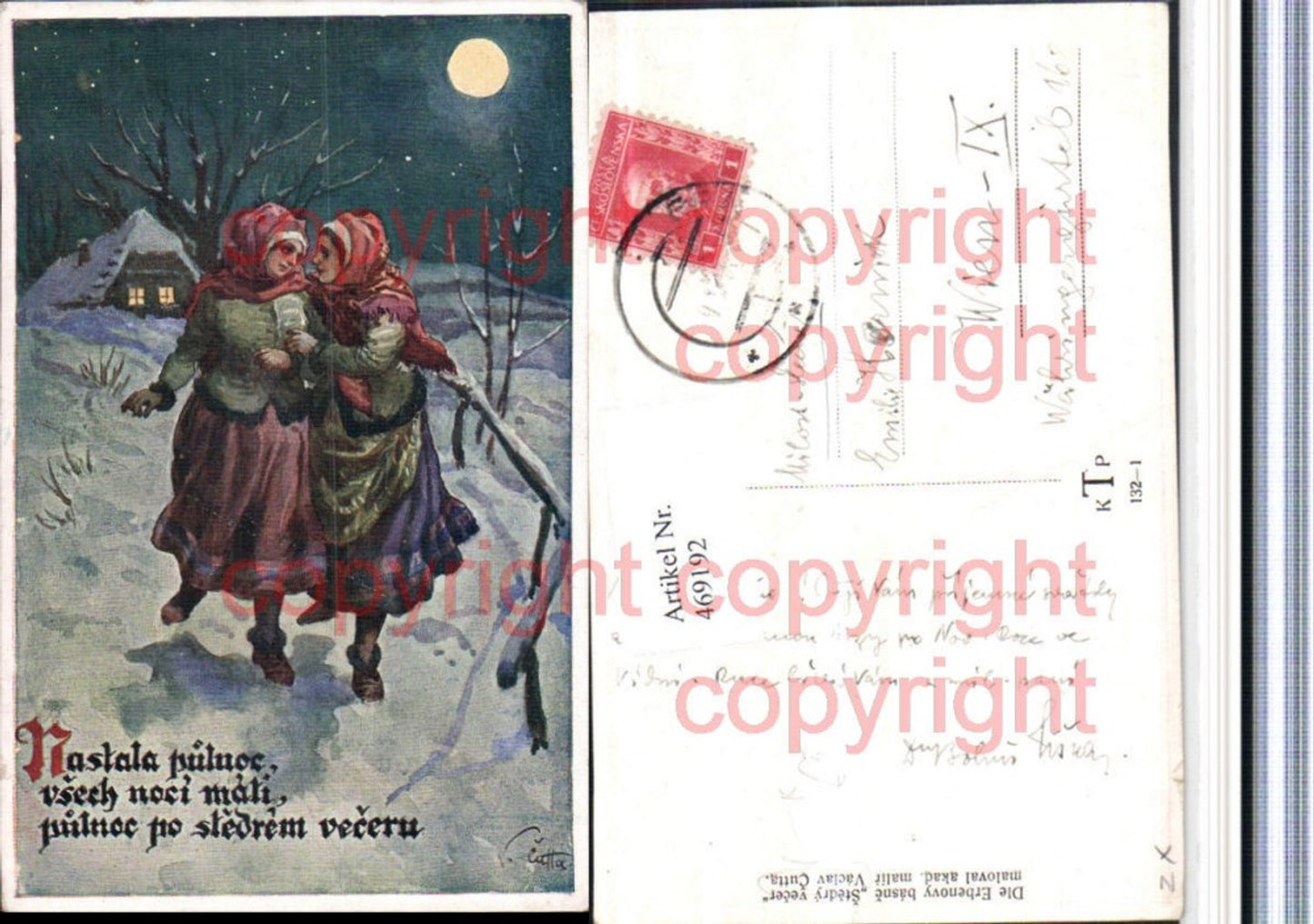469192,Künstler AK Vaclav Cutta Winterlandschaft Frauen Mondschein