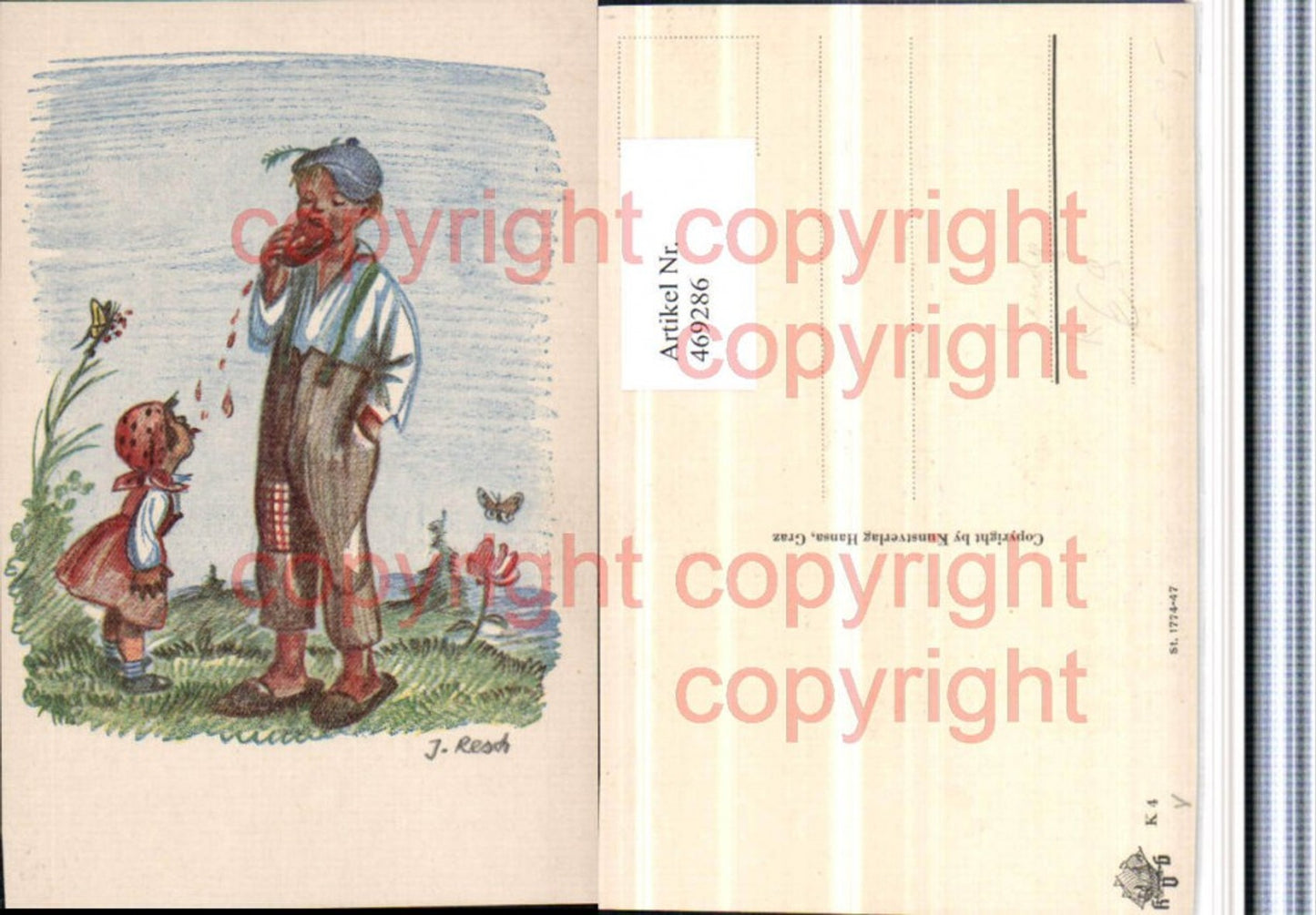 469286,Künstler AK Handgemalt J. Resch Kinder Essen Schmetterlinge