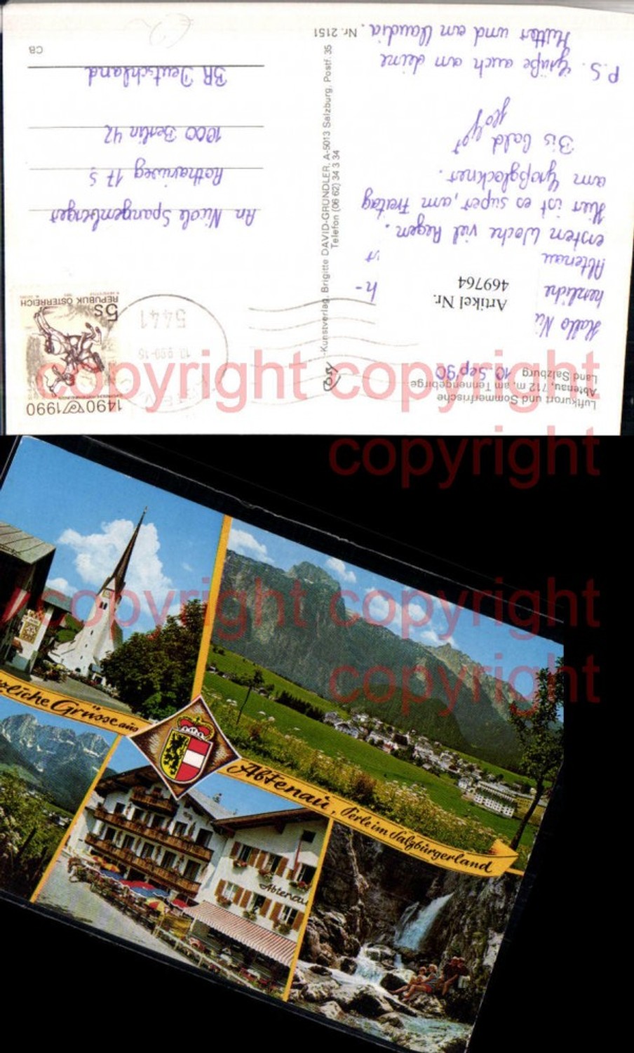 469764, Abtenau Total Gasthof Kirche Multiview postcard