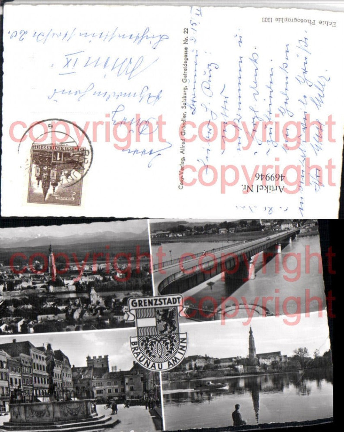 469946, Braunau am Inn, Total view of the bridge and fountain, multi-view postcard