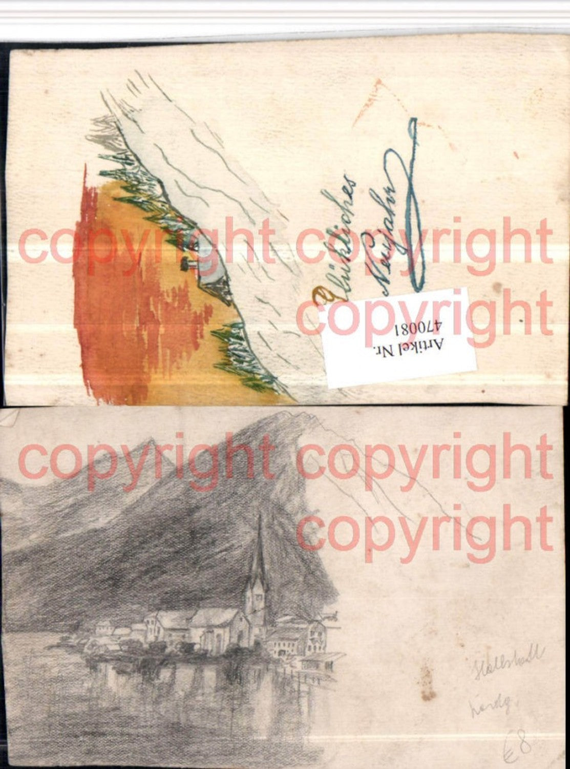 470081,Künstler AK Handgemalt Hallstatt Teilansicht Bergkulisse