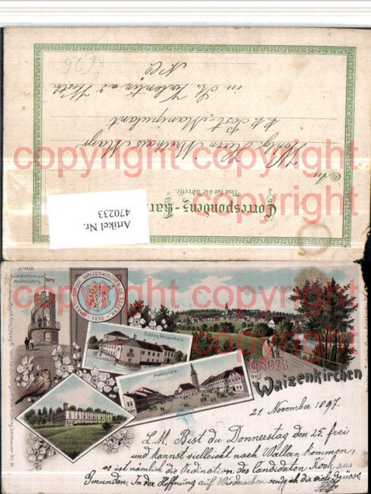 470233,Litho Gruß aus Waizenkirchen Totale Schloss Turm Mehrbildkarte