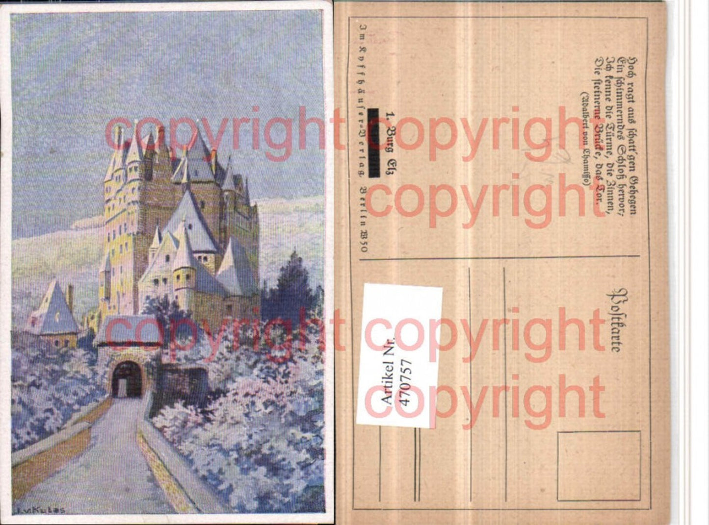 470757,Künstler AK J.v. Kulas Münstermaifeld Burg Elz Eltz