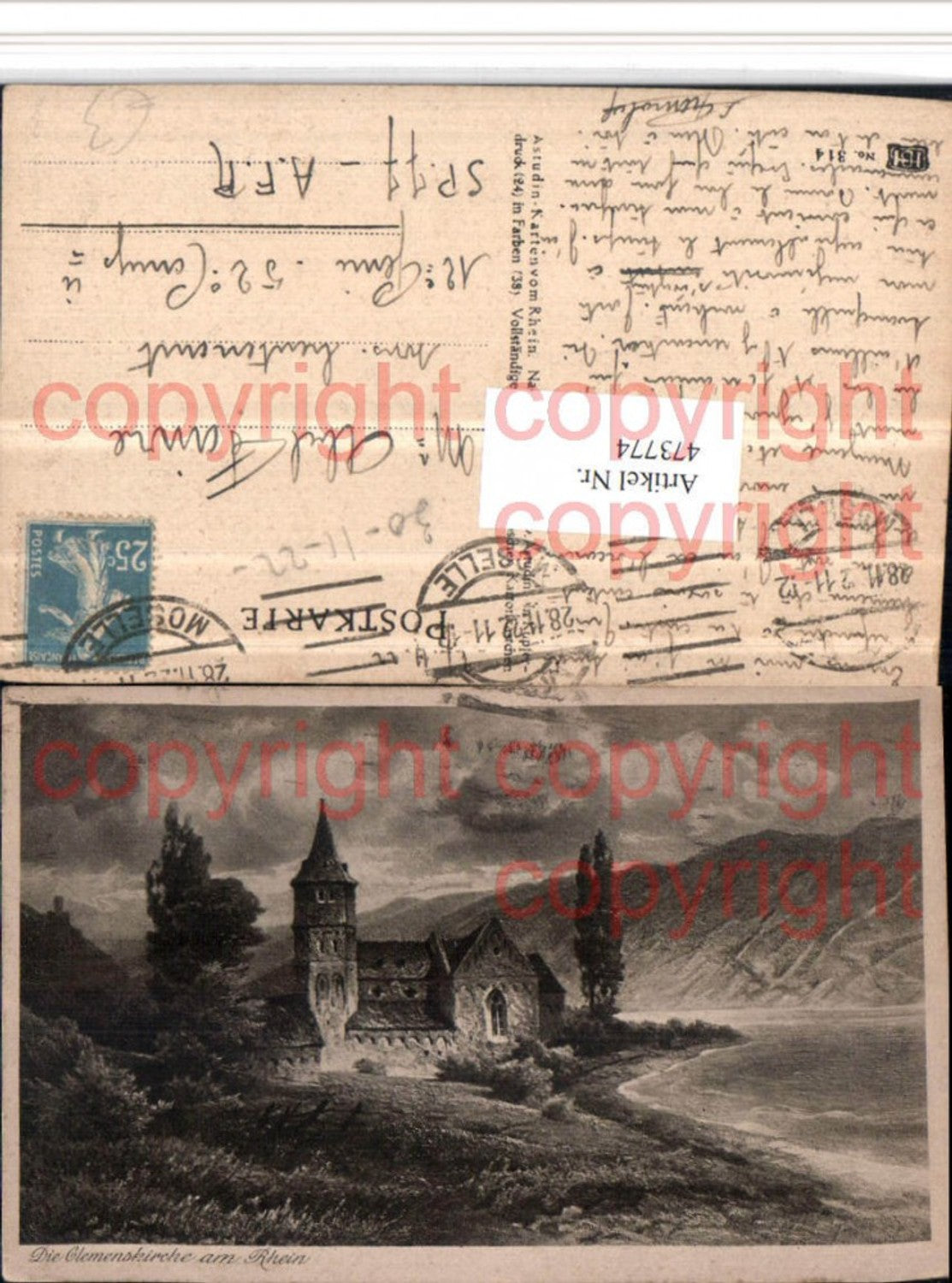 473774,Künstler AK N. Astudin Clemenskirche Kirche am Rhein