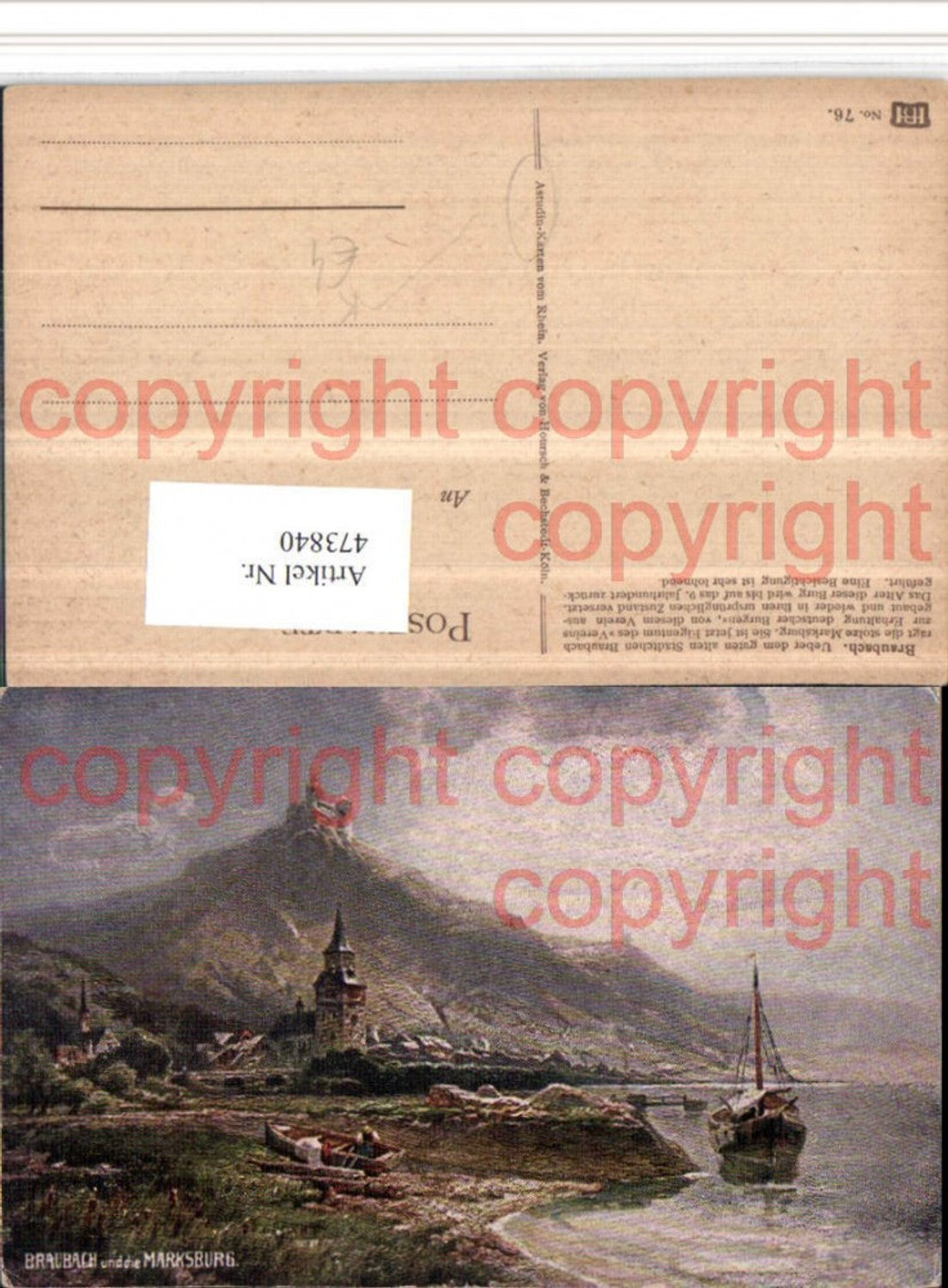 473840,Künstler AK Astudin Braubach am Rhein Totale m. Marksburg