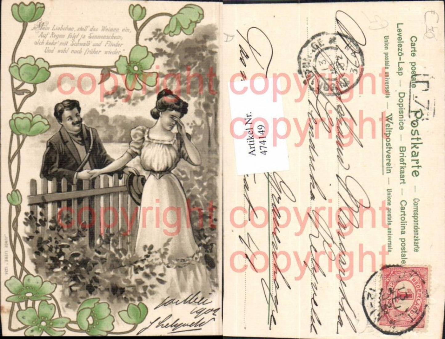 474149,Paar Liebe Händchenhalten a. Zaun Blumen Spruch Text