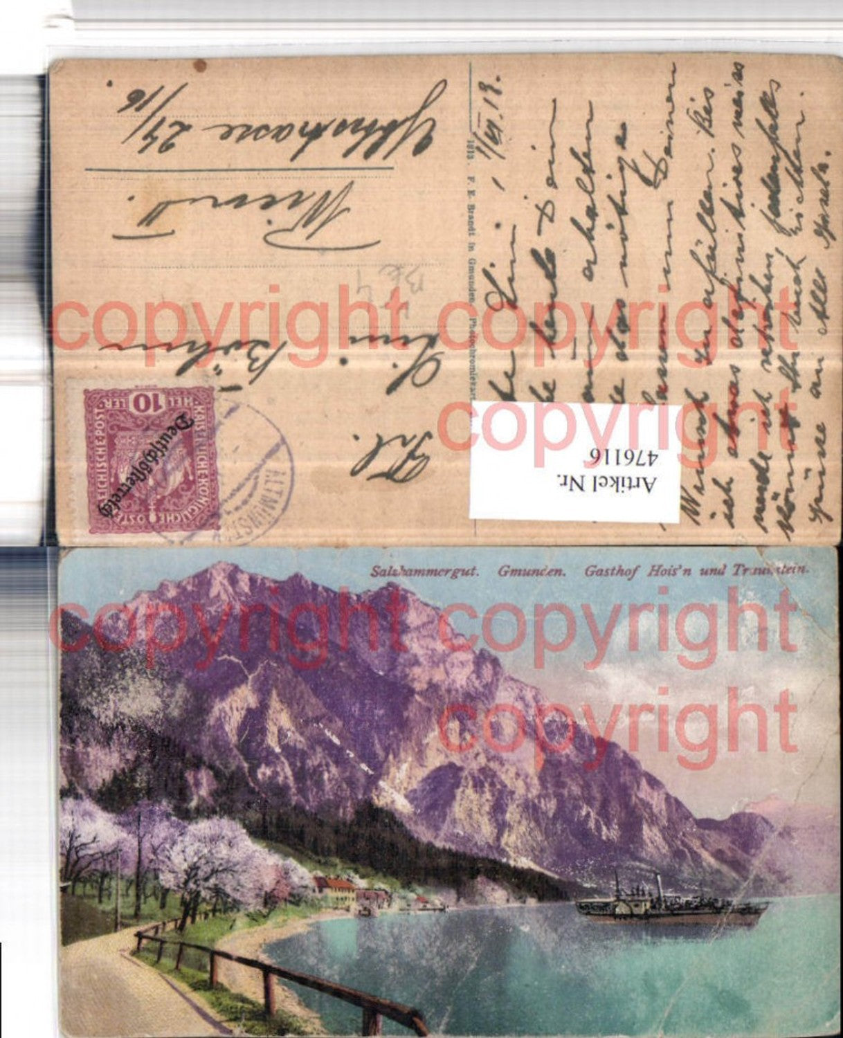 476116,Gmunden Gasthof Hoisn m. Traunstein Dampfer pub F.E. Brandt 1202