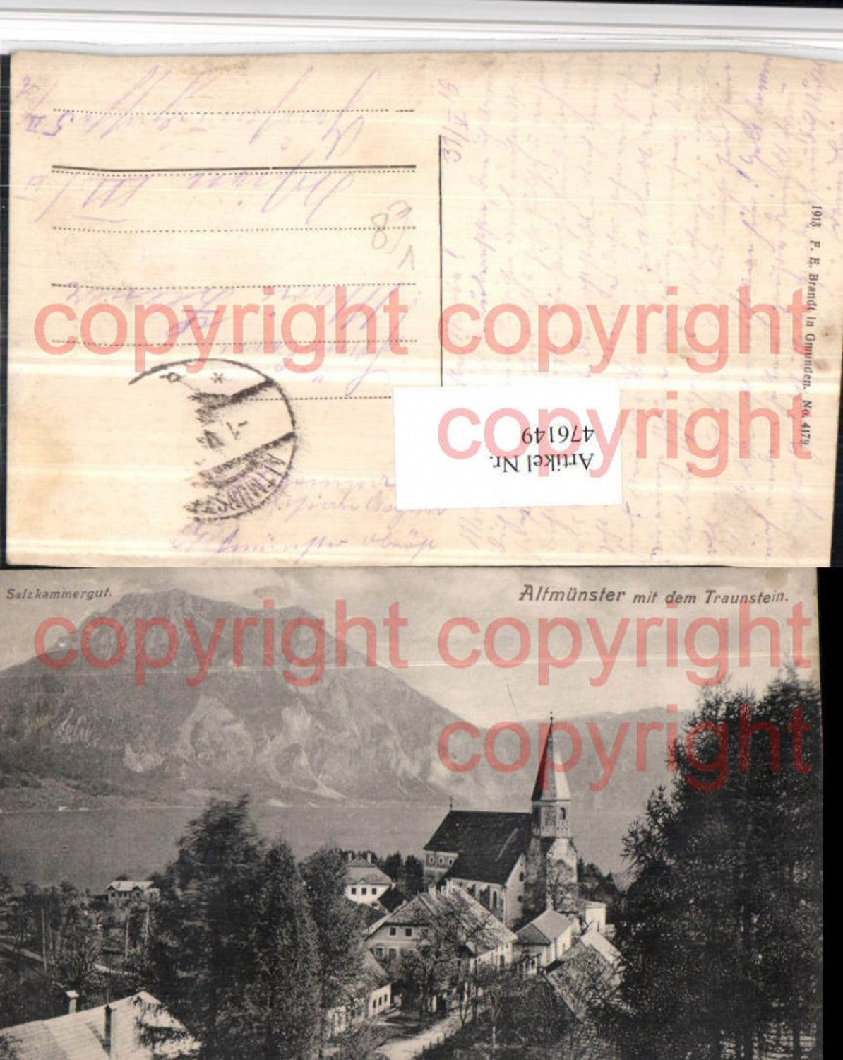 476149,Altmünster Kirche m. Traunstein Bergkulisse pub F.E. Brandt 4179