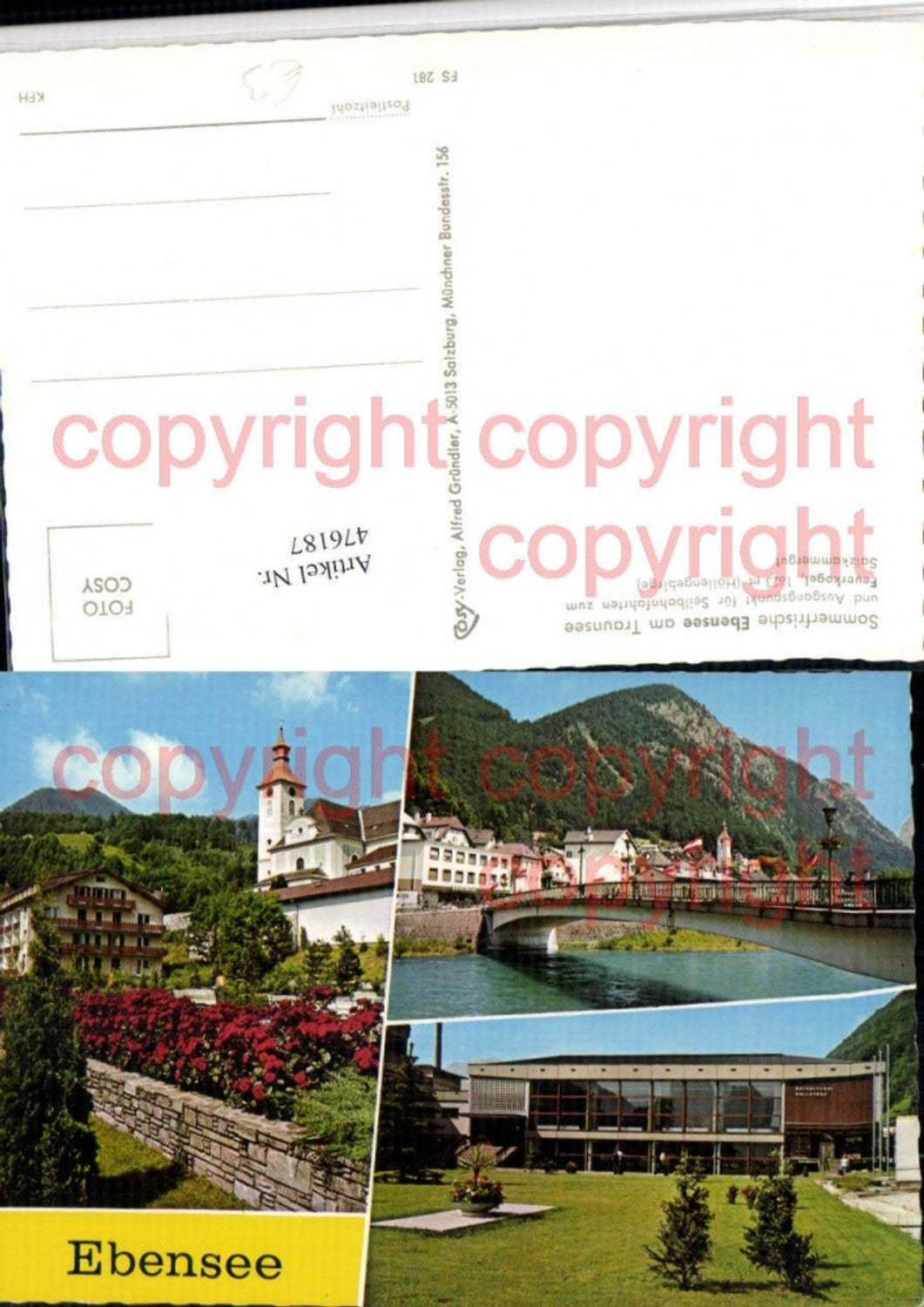 476187,Ebensee am Traunsee Kirche Brücke Hallenbad Mehrbildkarte