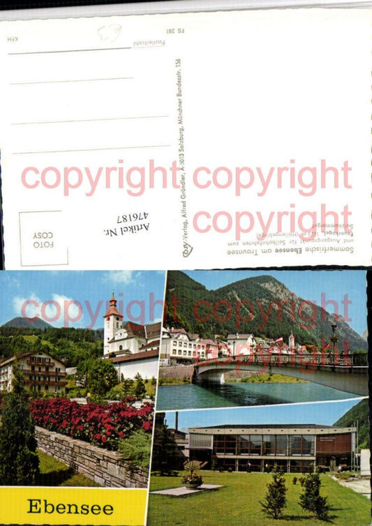 476187,Ebensee am Traunsee Kirche Brücke Hallenbad Mehrbildkarte