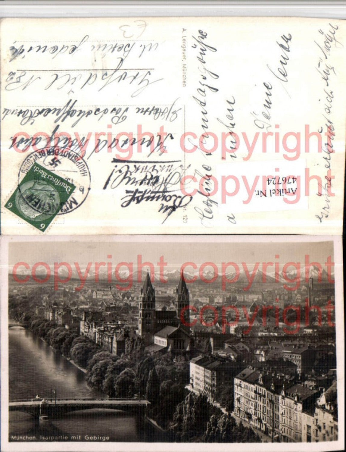 476724,München Teilansicht Brücke Kirche m. Gebirge