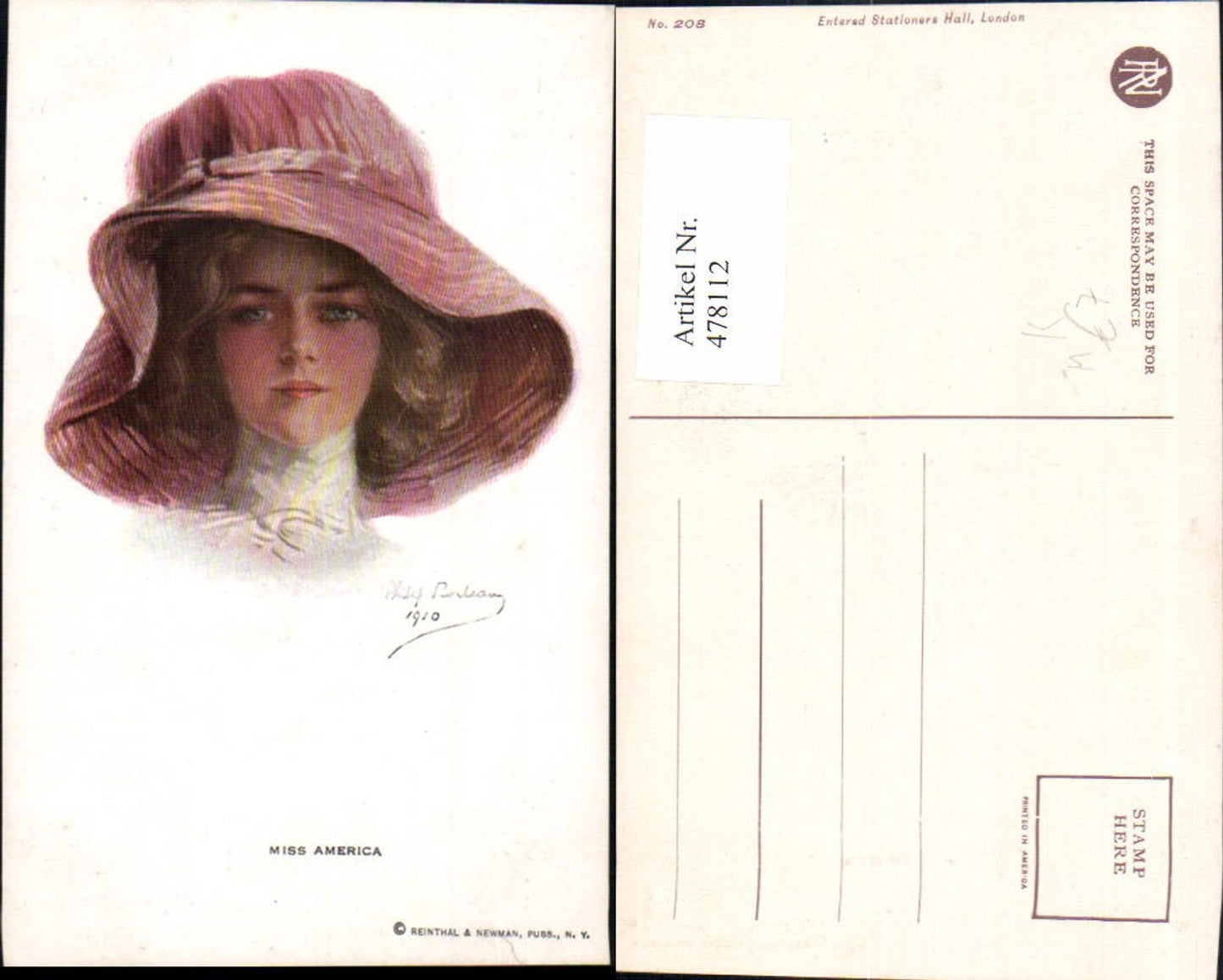 478112,Künstler Ak Philip Boileau Miss America Frau Hut Glamour