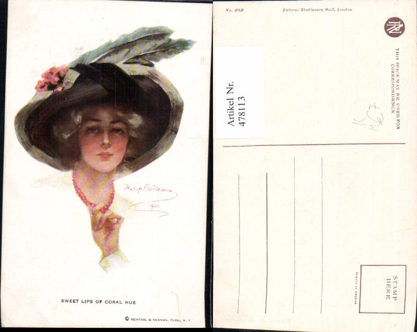 478113,Künstler Ak Philip Boileau Sweet Lips of Coral Hue Frau Hut Glamour