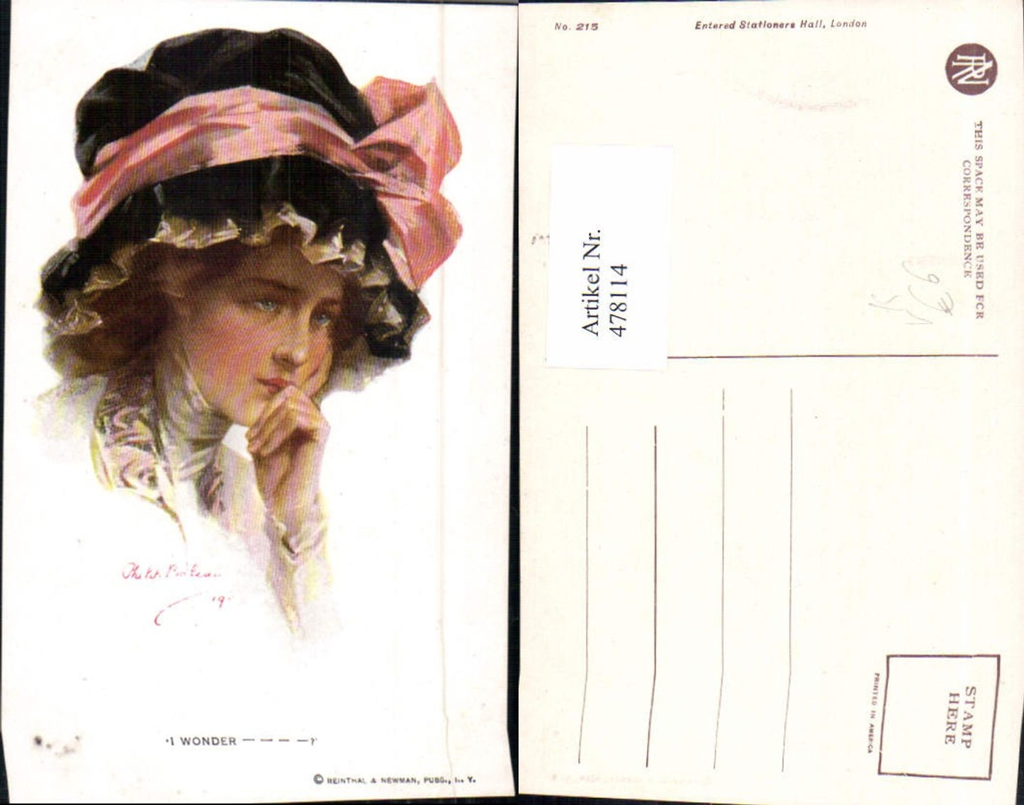 478114,Künstler Ak Philip Boileau I wonder Frau Hut Glamour pub Reinthal & Newmann 215