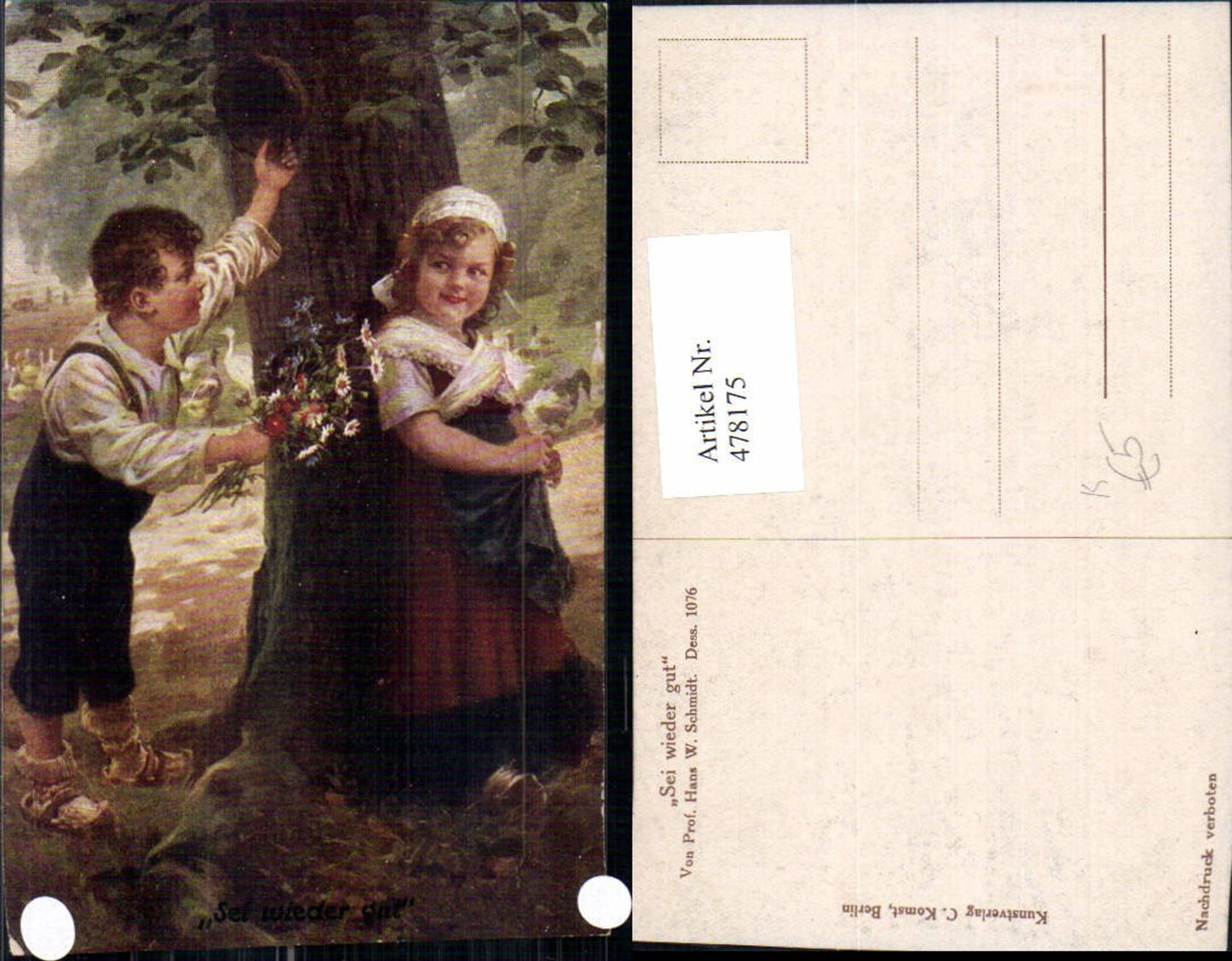 478175,Künstler Ak Hans W. Schmidt Sei wieder gut Kinder Blumenstrauß Blumen