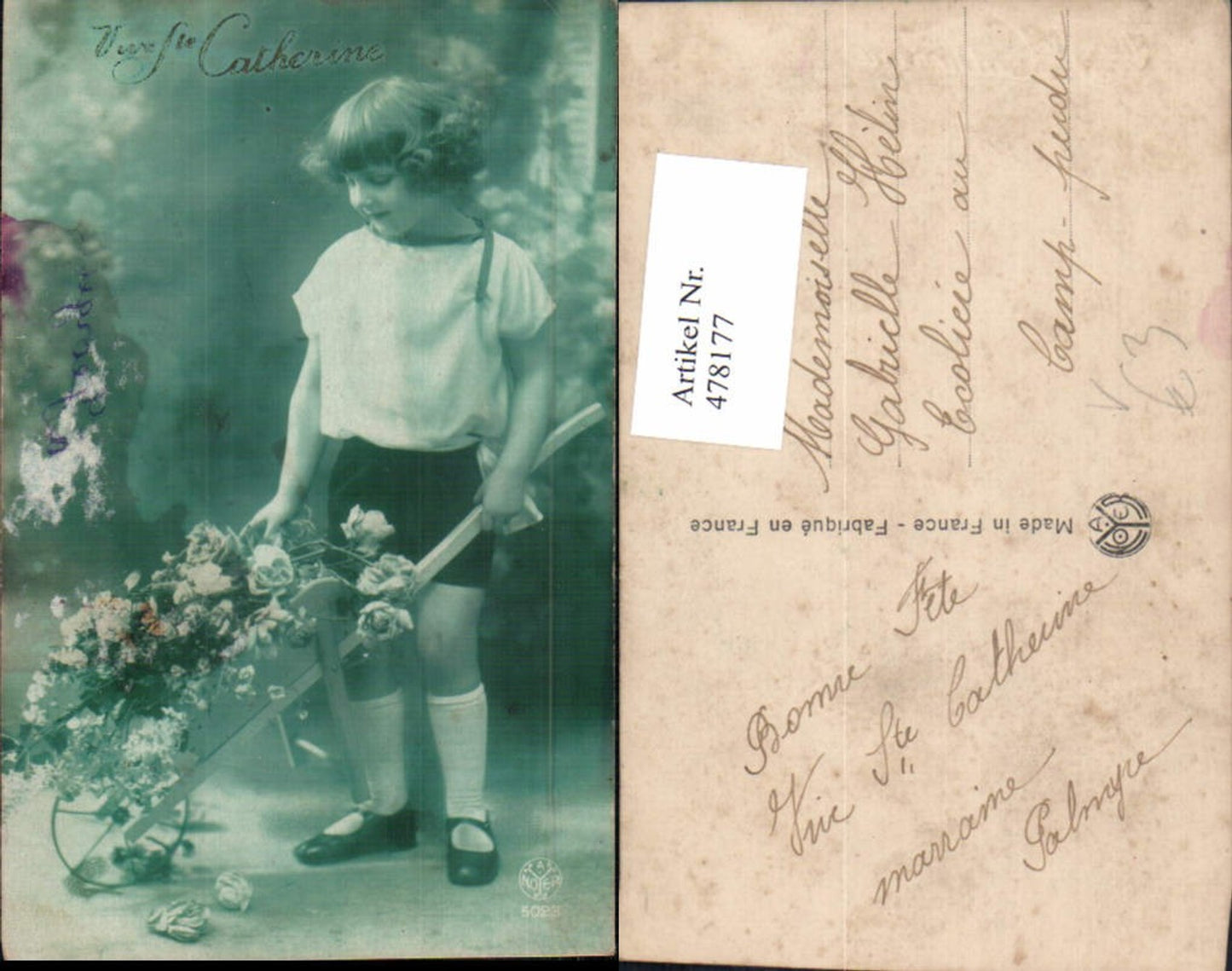 478177,Kind Mädchen Scheibtruhe Schubkarre Rosen Blumen Vive Ste Catherine pub A. Noyer 5023